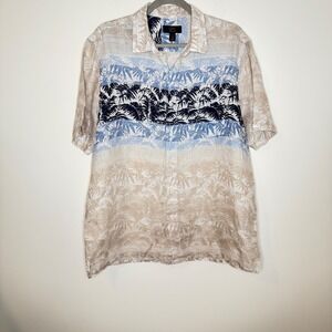 Club Room Men L 100%‎ Linen Button-Up Shirt Blue and Khaki Luxury Resort Casual